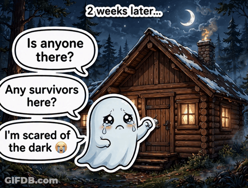A Cartoon Of A Ghost Standing In Front Of A Log Cabin With Speech Bubbles That Say " Is Anyone There " GIF