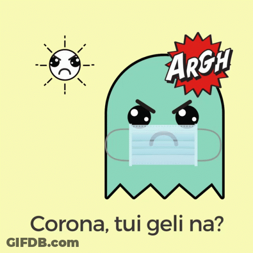 A Cartoon Of A Ghost Wearing A Face Mask With The Words Corona Tui Geli Na GIF