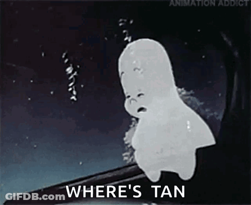 A Cartoon Of A Ghost With The Words `` Where 'S Tan '' Written On It . GIF