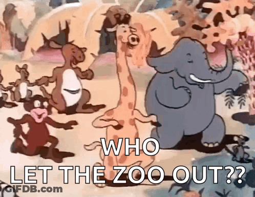 A Cartoon Of A Giraffe , Elephant , Monkey And Kangaroo With The Caption " Who Let The Zoo Out " GIF