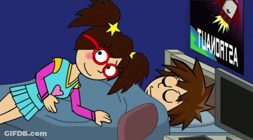 A Cartoon Of A Girl And A Boy Laying On A Bed In Front Of A TV Screen That Says Tuahortea GIF