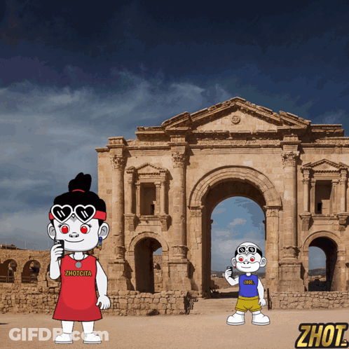 A Cartoon Of A Girl And A Boy Standing In Front Of A Building With The Word Zhout On The Bottom GIF