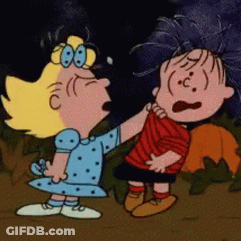 A Cartoon Of A Girl And A Boy Standing Next To Each Other With The Girl Holding The Boy 'S Arm GIF