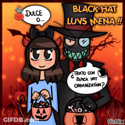 A Cartoon Of A Girl And A Man With The Words Black Hat Luvs Mena GIF