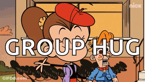 A Cartoon Of A Girl And A Man With The Words Group Hug Written On It GIF