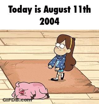 A Cartoon Of A Girl And A Pig That Says Today Is August 11Th 2004 . GIF