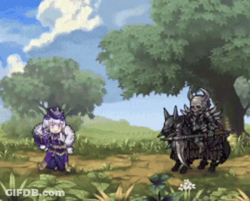 A Cartoon Of A Girl And A Skeleton Knight Standing Next To Each Other In A Field GIF