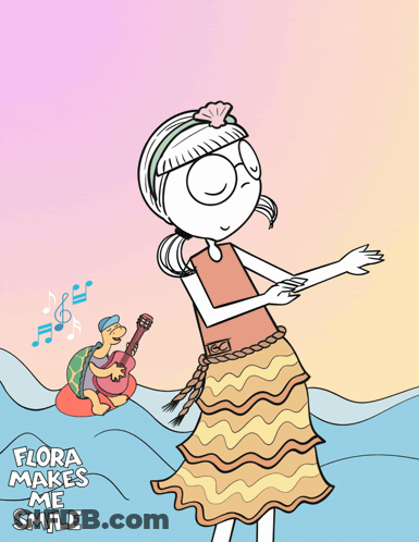 A Cartoon Of A Girl And A Turtle With The Words Flora Makes Me Smile On The Bottom GIF