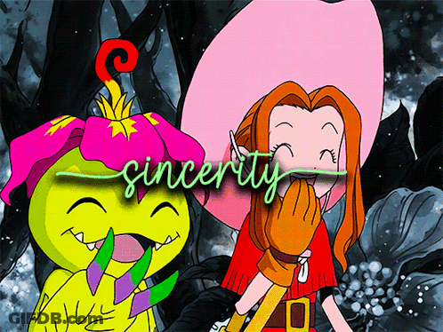A Cartoon Of A Girl And A Yellow Monster With The Word Sincerity Written Above Them GIF