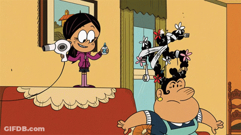 A Cartoon Of A Girl Blow Drying Her Hair While Another Girl Looks On GIF