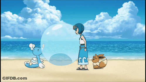 Girl Blowing Bubble Next To Pokémon GIF