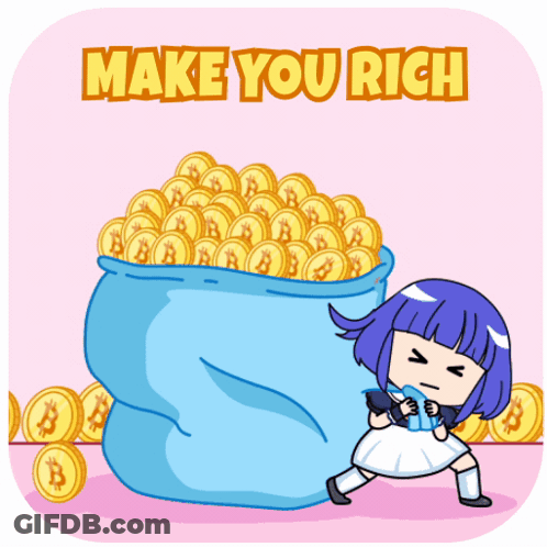 A Cartoon Of A Girl Carrying A Bag Full Of Gold Coins With The Words Make You Rich Below Her GIF