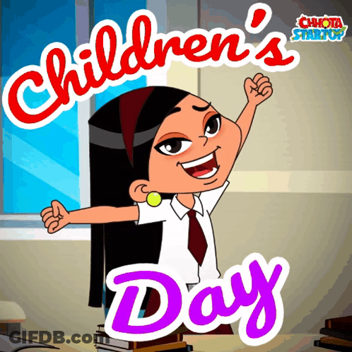 A Cartoon Of A Girl Celebrating Children 'S Day With Her Arms Outstretched GIF