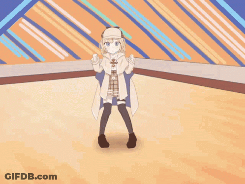A Cartoon Of A Girl Dancing With Her Arms Outstretched In Front Of A Colorful Background GIF