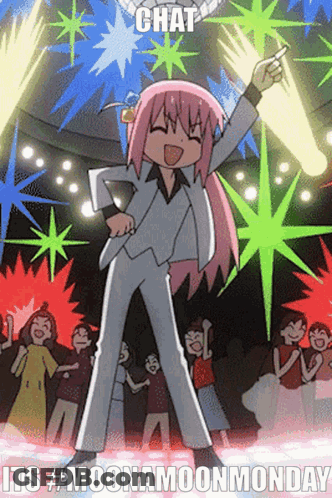 A Cartoon Of A Girl Dancing With The Words Chat Its #Moonamoonmonday Below Her GIF