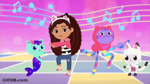 A Cartoon Of A Girl Dancing With Two Cats GIF