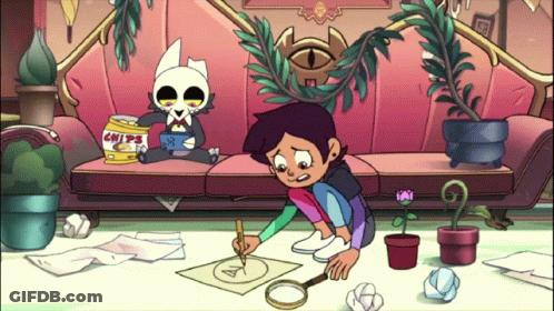A Cartoon Of A Girl Drawing With A Magnifying Glass While King Sits On A Couch With A Can Of Chips GIF