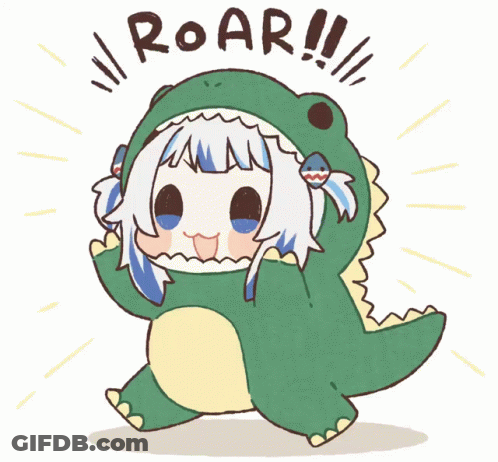 A Cartoon Of A Girl Dressed In A Dinosaur Costume With The Words Roar Written Above Her GIF