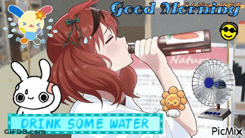 A Cartoon Of A Girl Drinking A Bottle Of Water With The Words Good Morning Drink Some Water GIF