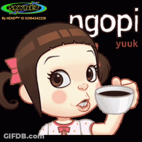 A Cartoon Of A Girl Drinking A Cup Of Coffee With The Word Ngopi On The Bottom GIF