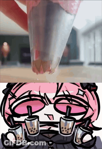 A Cartoon Of A Girl Drinking Bubble Tea Next To A Picture Of Bubble Tea GIF