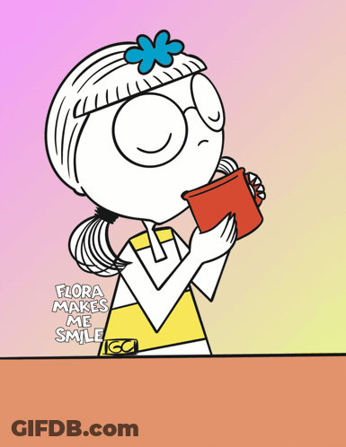 A Cartoon Of A Girl Drinking From A Red Cup With The Words Flora Makes Me Smile Below Her GIF
