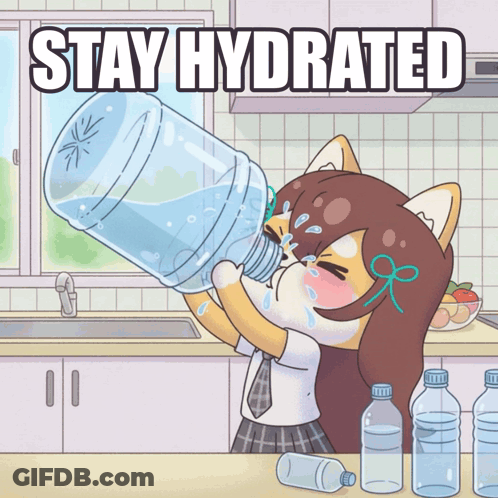 A Cartoon Of A Girl Drinking From A Water Bottle With The Words Stay Hydrated Below Her GIF