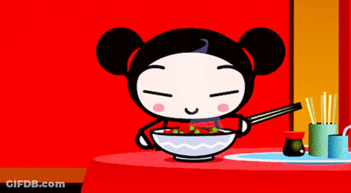 A Cartoon Of A Girl Eating A Bowl Of Food GIF