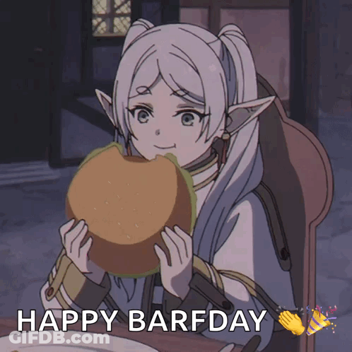 A Cartoon Of A Girl Eating A Hamburger With The Words Happy Barfday Below Her GIF