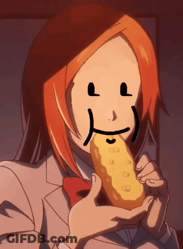 A Cartoon Of A Girl Eating A Pickle With A Smiley Face Drawn On Her Face GIF