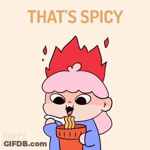 A Cartoon Of A Girl Eating Noodles With The Words That 'S Spicy Below Her GIF