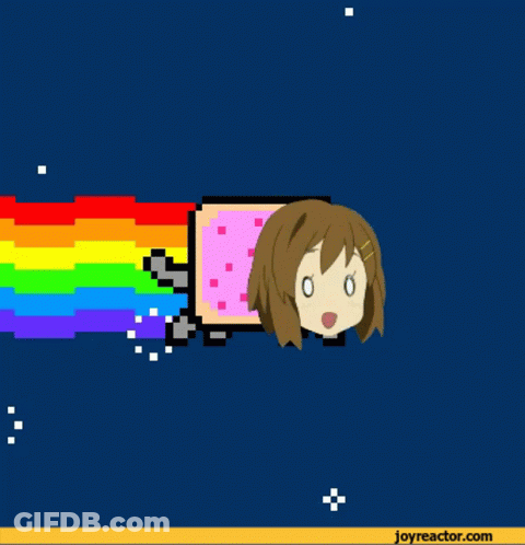 A Cartoon Of A Girl Flying Through The Air With A Rainbow Coming Out Of Her Mouth GIF