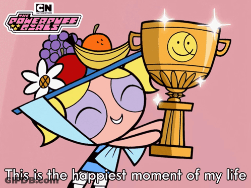 A Cartoon Of A Girl From The Powerpuff Girls Holding A Gold Trophy GIF