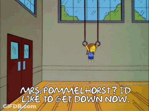 A Cartoon Of A Girl Hanging From Gymnastic Rings With The Caption Mrs. Pommelhorst I 'D Like To Get Down GIF