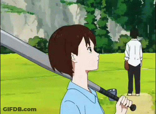 A Cartoon Of A Girl Holding A Baseball Bat And A Man Standing Behind Her GIF