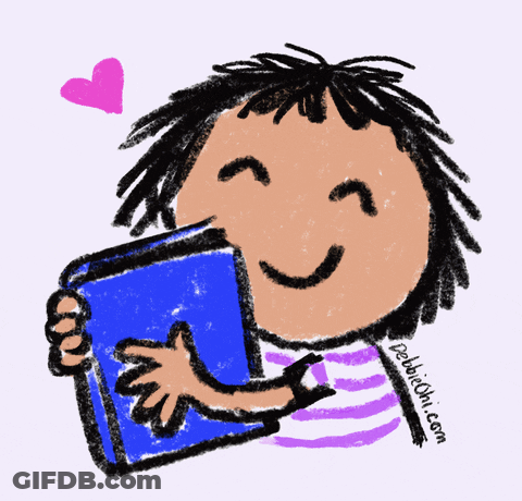A Cartoon Of A Girl Holding A Blue Book With The Website Debbiechi.com Written Below Her GIF