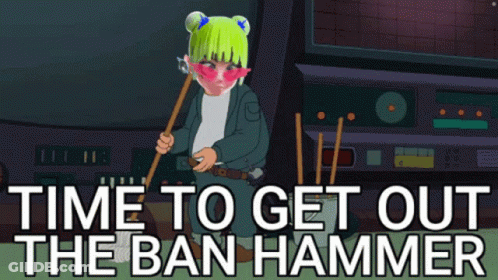 A Cartoon Of A Girl Holding A Broom With The Words Time To Get Out The Ban Hammer GIF