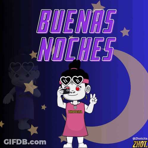 A Cartoon Of A Girl Holding A Camera With The Words Buenas Noches Behind Her GIF