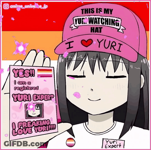 A Cartoon Of A Girl Holding A Card That Says I Love Yuri GIF