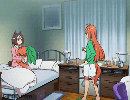 A Cartoon Of A Girl Holding A Carrot And A Girl Standing Next To A Bed GIF