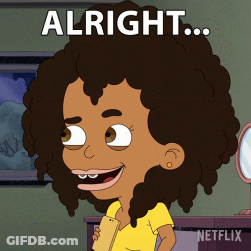 A Cartoon Of A Girl Holding A Cell Phone With The Words Alright Written Above Her GIF