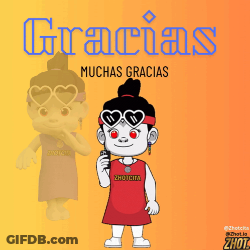 A Cartoon Of A Girl Holding A Cell Phone With The Words Gracias Muchas Gracias Thank You Below Her GIF