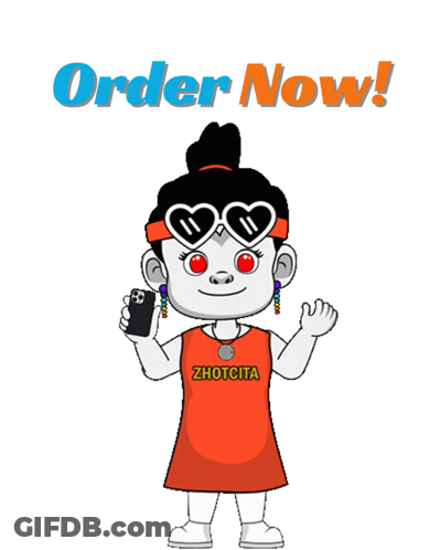 A Cartoon Of A Girl Holding A Cell Phone With The Words Order Now On The Bottom GIF