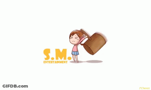A Cartoon Of A Girl Holding A Chair With S.m. Entertainment Written On The Bottom GIF