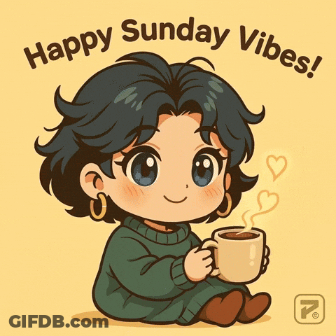 A Cartoon Of A Girl Holding A Cup Of Coffee With The Words Happy Sunday Vibes Written Above Her GIF