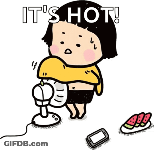 A Cartoon Of A Girl Holding A Fan With The Words It 'S Hot GIF