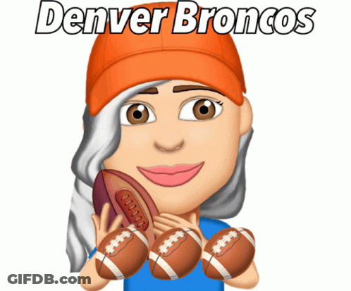 A Cartoon Of A Girl Holding A Football With The Words Denver Broncos Written Above Her GIF