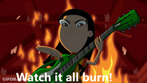 A Cartoon Of A Girl Holding A Green Guitar With The Words Watch It All Burn GIF