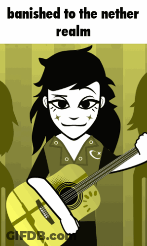 A Cartoon Of A Girl Holding A Guitar With The Words " Banished To The Nether Realm " GIF