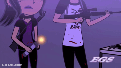 A Cartoon Of A Girl Holding A Gun With A Shirt That Says To Rise On It GIF